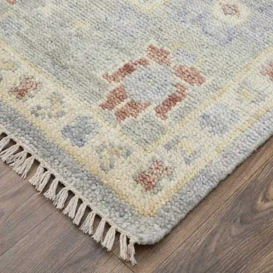 10' Light Blue and Taupe Wool Floral Hand Knotted Runner Rug With Fringe Photo 4