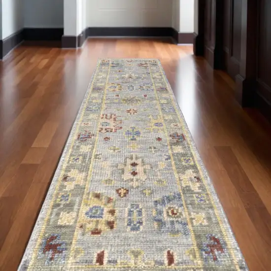 10' Light Blue and Taupe Wool Floral Hand Knotted Runner Rug With Fringe Photo 1