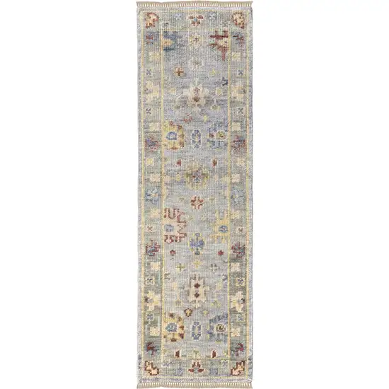 10' Light Blue and Taupe Wool Floral Hand Knotted Runner Rug With Fringe Photo 2