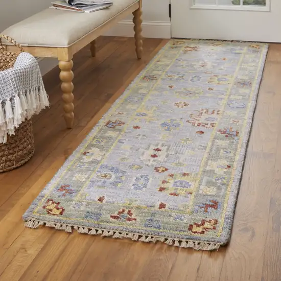 10' Light Blue and Taupe Wool Floral Hand Knotted Runner Rug With Fringe Photo 5