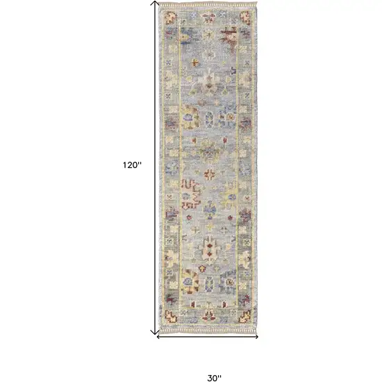 10' Light Blue and Taupe Wool Floral Hand Knotted Runner Rug With Fringe Photo 3