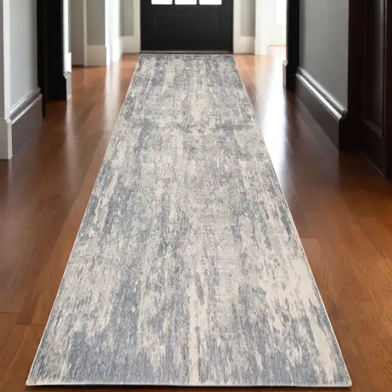 10' Light Gray and Blue Abstract Power Loom Runner Rug Photo 1