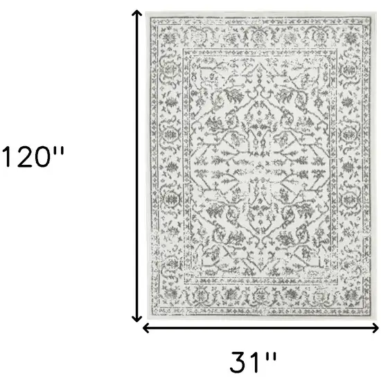 10' Light Gray Floral Power Loom Runner Rug With Fringe Photo 5