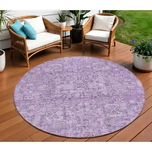 Photo of 8' Lilac And Purple Round Floral Washable Indoor Outdoor Area Rug