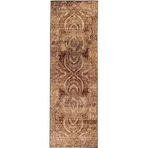 Photo of 8' Maroon And Gold Abstract Power Loom Distressed Stain Resistant Runner Rug