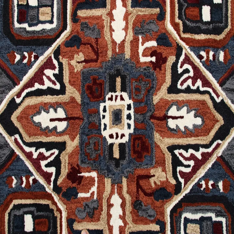 5' Maroon and Blue Medallion Area Rug Photo 2