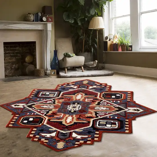 5' Maroon and Blue Medallion Area Rug Photo 8