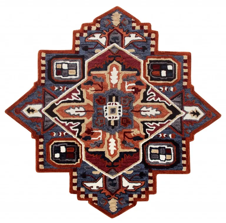 5' Maroon and Blue Medallion Area Rug Photo 1