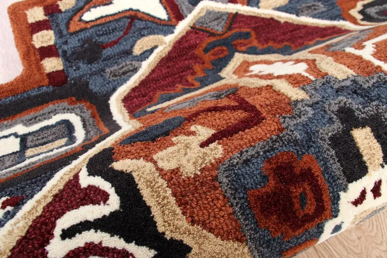 5' Maroon and Blue Medallion Area Rug Photo 5