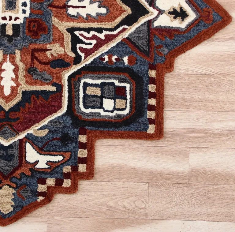 7' Maroon and Blue Medallion Area Rug Photo 3