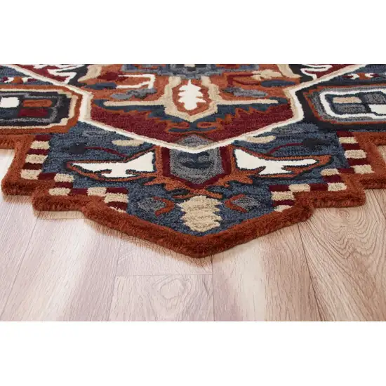 7' Maroon and Blue Medallion Area Rug Photo 4