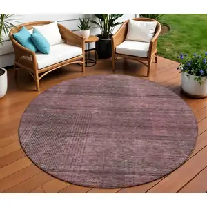 Photo of 8' Merlot And Gray Round Striped Washable Indoor Outdoor Area Rug