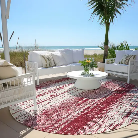 8' Merlot And Ivory Round Striped Washable Indoor Outdoor Area Rug Photo 6