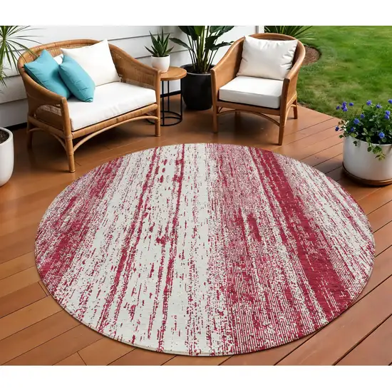 8' Merlot And Ivory Round Striped Washable Indoor Outdoor Area Rug Photo 1