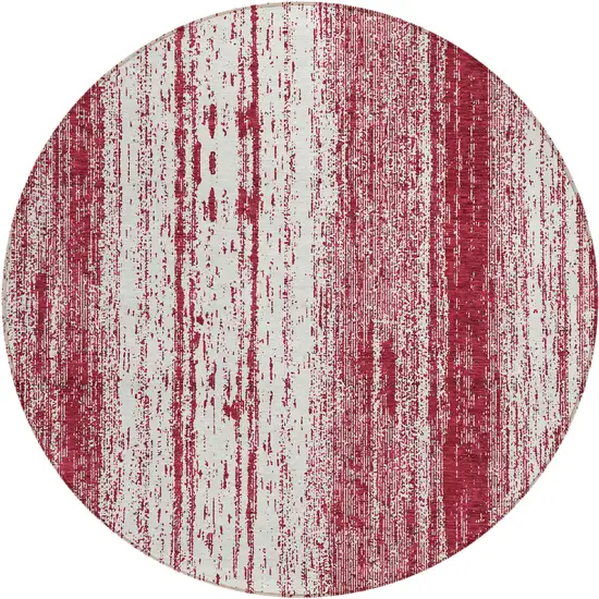 8' Merlot And Ivory Round Striped Washable Indoor Outdoor Area Rug Photo 2