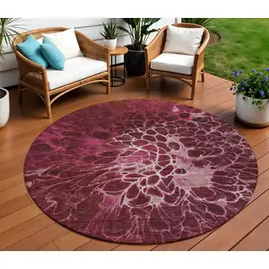 Photo of 8' Merlot Blush And Gray Round Abstract Washable Indoor Outdoor Area Rug