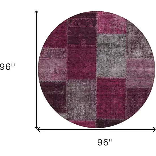 8' Merlot Burgundy And Gray Round Patchwork Washable Indoor Outdoor Area Rug Photo 3