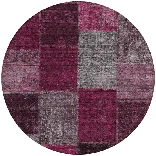 8' Merlot Burgundy And Gray Round Patchwork Washable Indoor Outdoor Area Rug Photo 5