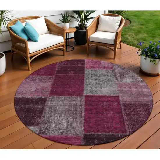 8' Merlot Burgundy And Gray Round Patchwork Washable Indoor Outdoor Area Rug Photo 1