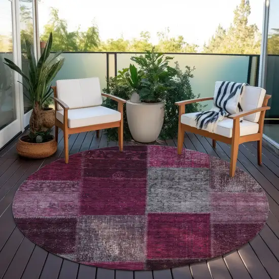 8' Merlot Burgundy And Gray Round Patchwork Washable Indoor Outdoor Area Rug Photo 6