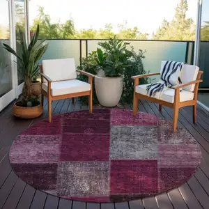 Photo of 8' Merlot Burgundy And Gray Round Patchwork Washable Indoor Outdoor Area Rug