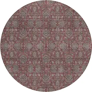 Photo of 8' Merlot Gray And Taupe Round Floral Washable Indoor Outdoor Area Rug