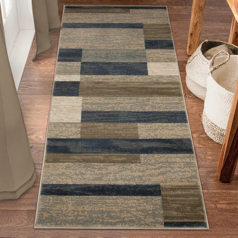 8' Midnight Navy Patchwork Power Loom Stain Resistant Runner Rug Photo 4