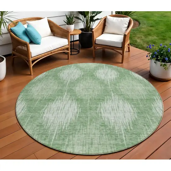 8' Mint Green And Fern Green Round Ikat Washable Indoor Outdoor Area Rug Photo 1