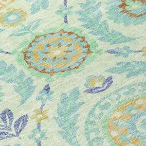 Photo of 8' Mint Green Teal Blue And Beige Round Floral Washable Indoor Outdoor Area Rug