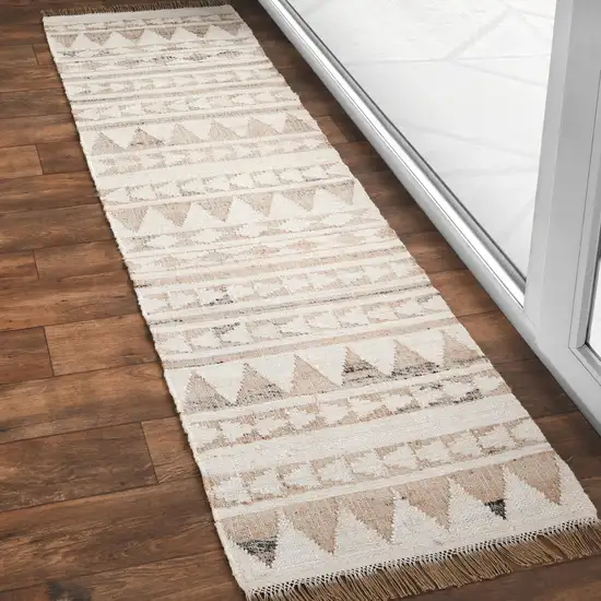 8' Natural and Ivory Southwestern Hand Woven Distressed Runner Rug with Fringe Photo 5