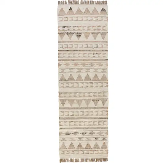 8' Natural and Ivory Southwestern Hand Woven Distressed Runner Rug with Fringe Photo 1