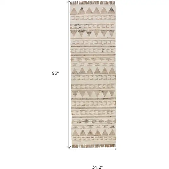 8' Natural and Ivory Southwestern Hand Woven Distressed Runner Rug with Fringe Photo 6