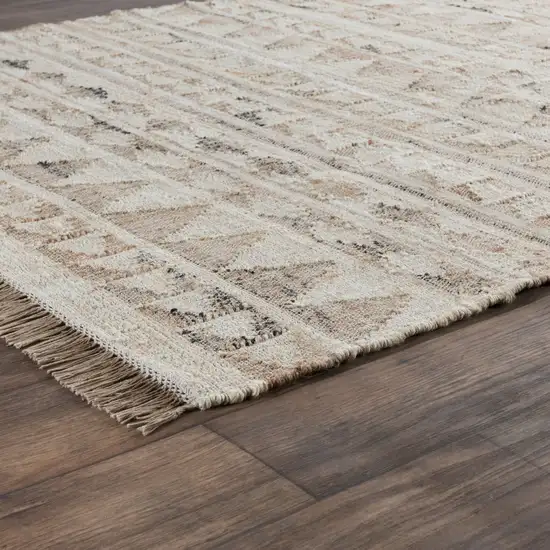 8' Natural and Ivory Southwestern Hand Woven Distressed Runner Rug with Fringe Photo 3