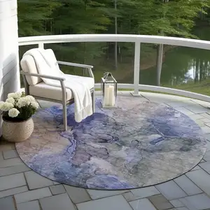 Photo of 8' Navy Blue And Beige Round Abstract Washable Indoor Outdoor Area Rug