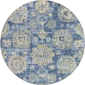 Photo of 8' Navy Blue And Beige Round Floral Washable Indoor Outdoor Area Rug