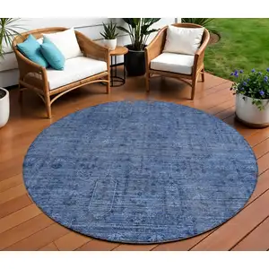 Photo of 8' Navy Blue And Blue Round Southwestern Washable Indoor Outdoor Area Rug