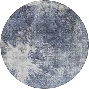 Photo of 8' Navy Blue And Denim Blue Round Abstract Washable Indoor Outdoor Area Rug