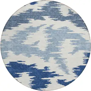 Photo of 8' Navy Blue And Denim Blue Round Abstract Washable Indoor Outdoor Area Rug