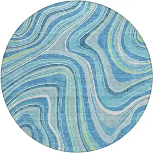 Photo of 8' Navy Blue And Denim Blue Round Abstract Washable Indoor Outdoor Area Rug