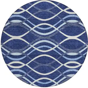 Photo of 8' Navy Blue And Denim Blue Round Abstract Washable Indoor Outdoor Area Rug