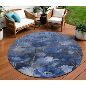 Photo of 8' Navy Blue And Denim Blue Round Floral Washable Indoor Outdoor Area Rug