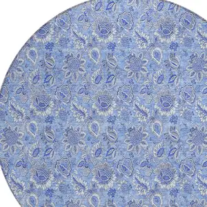 Photo of 8' Navy Blue And Denim Blue Round Floral Washable Indoor Outdoor Area Rug