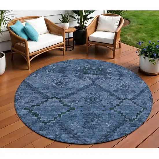 8' Navy Blue And Denim Blue Round Floral Washable Indoor Outdoor Area Rug Photo 1