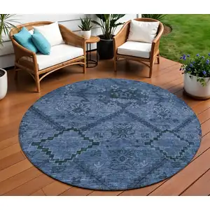 Photo of 8' Navy Blue And Denim Blue Round Floral Washable Indoor Outdoor Area Rug