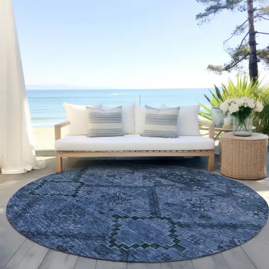 8' Navy Blue And Denim Blue Round Floral Washable Indoor Outdoor Area Rug Photo 6