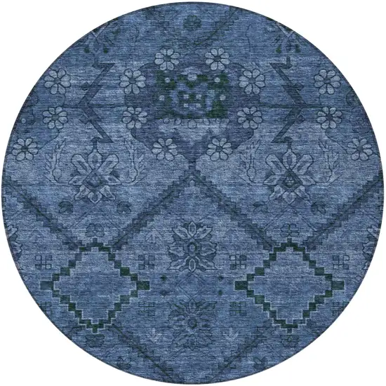 8' Navy Blue And Denim Blue Round Floral Washable Indoor Outdoor Area Rug Photo 5