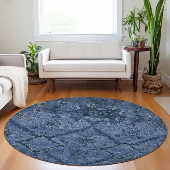 8' Navy Blue And Denim Blue Round Floral Washable Indoor Outdoor Area Rug Photo 7