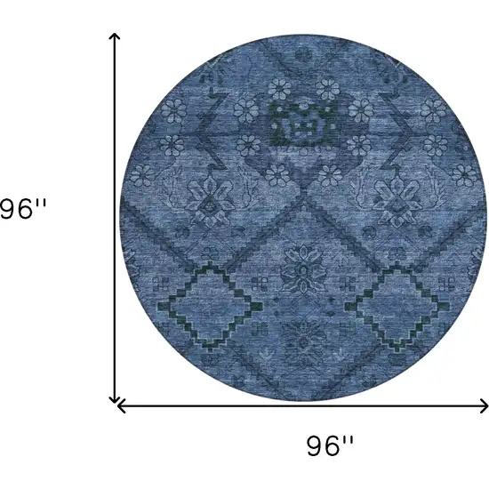 8' Navy Blue And Denim Blue Round Floral Washable Indoor Outdoor Area Rug Photo 3