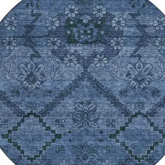 8' Navy Blue And Denim Blue Round Floral Washable Indoor Outdoor Area Rug Photo 4