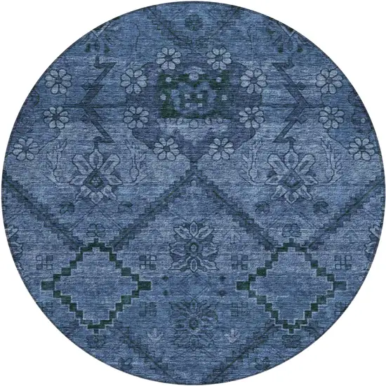 8' Navy Blue And Denim Blue Round Floral Washable Indoor Outdoor Area Rug Photo 2